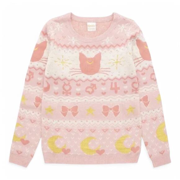 Sailor Moon Luna & Sailor Guardian Symbols Sweater Pink Cream Yellow - M - Picture 2 of 7